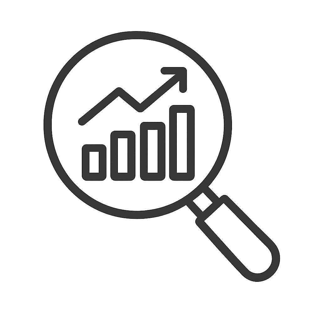 A bar chart explorer with a magnifying glass over a rising bar trend.